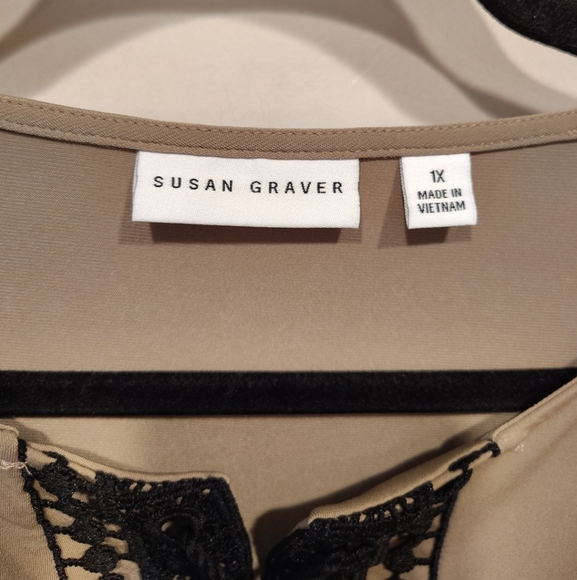 Susan Graver Solid Tan Long Sleeve Liquid Knit Peasant Top Sz 1X Boho Tassel Tie - Picture 2 of 6